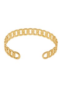 Bracciale in oro con link circolari intrecciati, texture liscia, design aperto e finitura lucida. Ideale da indossare sia da solo che in sovrapposizione.