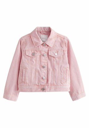 Hellrosa Jeansjacke mit Knopfleiste, zwei Brustklappentaschen, seitlichen Eingrifftaschen und einem Kragen, entworfen für Kinder.