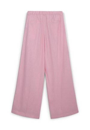 Pantalon rose à jambes larges avec une taille élastique, deux poches arrière, et une texture lisse. Il présente une coupe droite et des bords ourlés.