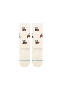 Patterned socks featuring an off-white background, blue text, and colorful fruit designs. Material: soft textile.