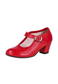 Zapato Mary Jane de cuero rojo con punta redonda, correa ajustable y tacón bajo tipo bloque. Textura suave con un acabado brillante.