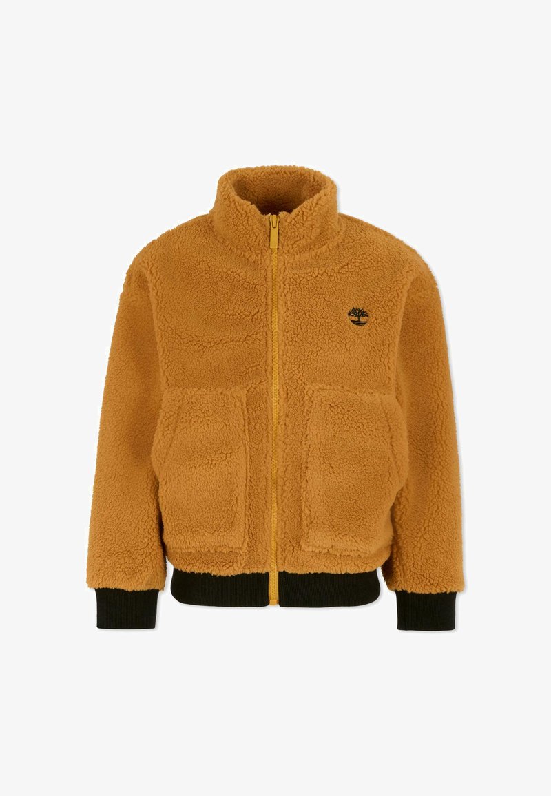 Giacca in pile arancione con colletto alto, zip frontale, due grandi tasche applicate e polsini e fondo a coste neri. Presenta il logo sul petto.