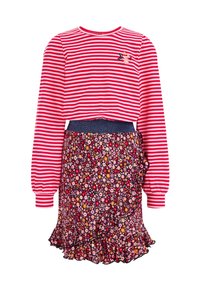 Červeno-bílý pruhovaný dlouhý rukáv s květinovou volánkovou sukní s tmavým pozadím a vícolorými květinovými vzory. Elastický pas.