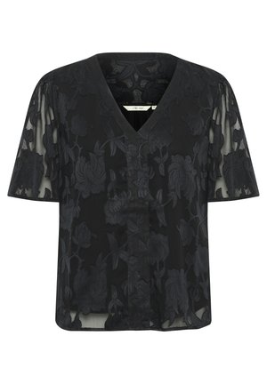 Zwarte bloemenkant blouse met een V-hals en korte mouwen, voorzien van een doorzichtige overlay en textuurpatronen van bloemen. Boxy silhouet.
