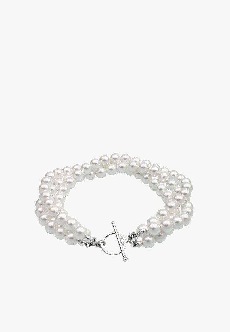 Weißes Perlenarmband mit mehreren Strängen, silberner Toggle-Verschluss, glatte Textur und einheitlich kugelförmige Perlen.