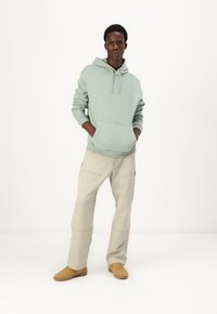 Hanorac verde deschis cu un buzunar frontal, asociat cu pantaloni cargo bej care au buzunare laterale. Adidași din suede maro completează ținuta.