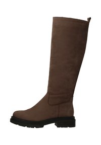 Bruine suède kniehoge laars met een ronde neus, platte rubberen zool en minimale stikdetails. Gladde textuur met een matte afwerking.