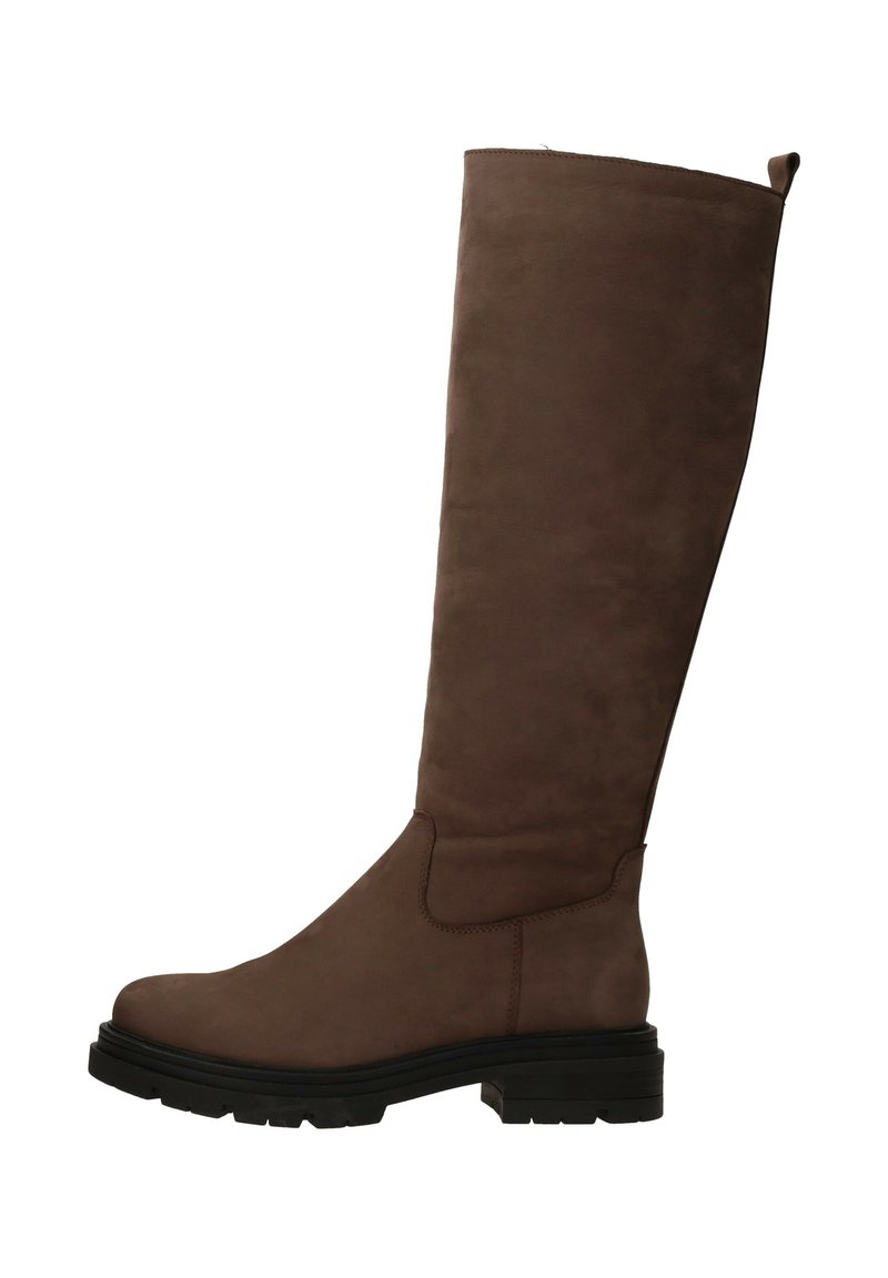 Bruine suède kniehoge laars met een ronde neus, platte rubberen zool en minimale stikdetails. Gladde textuur met een matte afwerking.