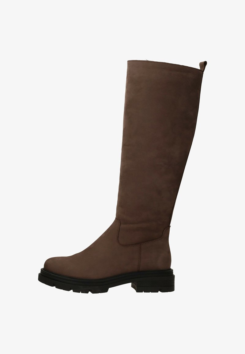 Bruine suède kniehoge laars met een ronde neus, platte rubberen zool en minimale stikdetails. Gladde textuur met een matte afwerking.