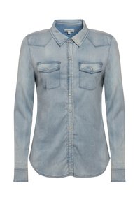 Camicia di jeans blu chiaro con colletto a punta, maniche lunghe, due tasche sul petto e chiusure abbottonate a pressione in argento.