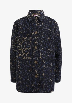 Giacca con bottoni e maniche lunghe con motivo leopardato blu scuro e beige e due grandi tasche frontali sul petto.