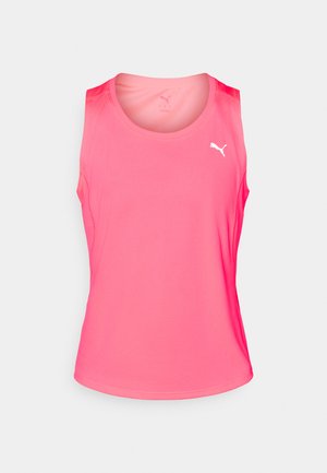 Rosa atletisk singlet laget av et glatt stoff. Har ermeløs design og rund hals, med en liten hvit logo foran.