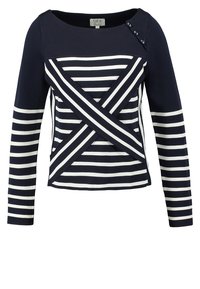 Langes Oberteil mit blau-weißen Streifen und asymmetrischem Design, mit Knöpfen an der Schulter und einer taillierten Silhouette.