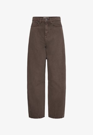 Braune, hoch taillierte, weit geschnittene Hose mit Knopf- und Reißverschluss, vorne und hinten Taschen sowie Nahtdetails an den Knien.