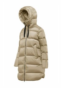Beige gewatteerde parka-jack met een capuchon, voorzien van een ritssluiting aan de voorkant, zwarte trekkoorden en zijzakken; gladde, glanzende textielstructuur.