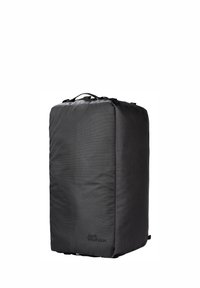 Zaino rettangolare nero realizzato in tessuto testurizzato, dotato di manico superiore e del logo "Jack Wolfskin" sulla parte anteriore.