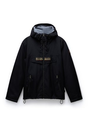 Schwarze Jacke mit Kapuze, mit einem Reißverschluss vorne, zwei seitlichen Reißverschlusstaschen und einem Logo auf der Brust. Mit grauem Stoff gefüttert für zusätzliche Wärme.