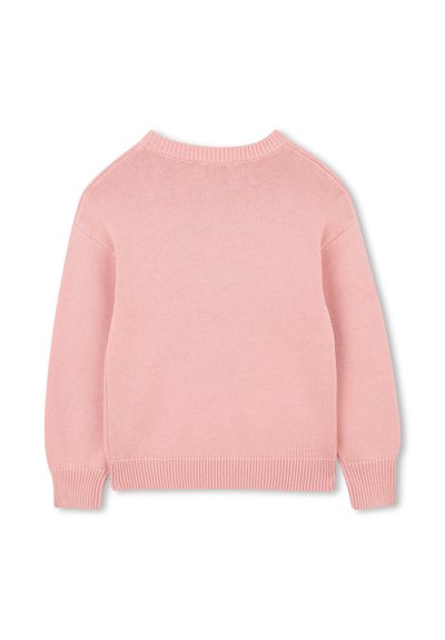 Różowy sweter z dzianiny, okrągłym dekoltem, długimi rękawami, ściągaczami przy mankietach i u dołu, gładką teksturą oraz prostym wzornictwem bez żadnych wzorów.