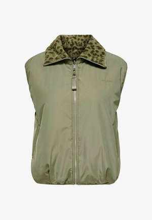 Olive green sleeveless vest with front zipper and leopard print fleece collar, featuring "EST. 1995" embroidery on chest.