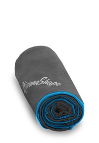 Gray rolled towel with blue trim, featuring a soft texture and a smooth, slightly shiny surface. Includes the "HivanaShape" logo in white.