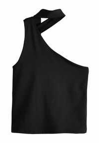 Schwarzes ärmelloses Top mit einem einzelnen Schulterträger und einem Überkreuzdesign. Glatter Stoff mit einer weichen Textur und einer lockeren Passform.