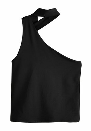 Schwarzes ärmelloses Top mit einem einzelnen Schulterträger und einem Überkreuzdesign. Glatter Stoff mit einer weichen Textur und einer lockeren Passform.
