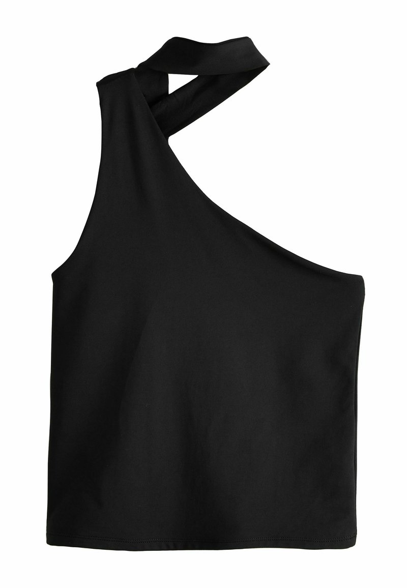 Schwarzes ärmelloses Top mit einem einzelnen Schulterträger und einem Überkreuzdesign. Glatter Stoff mit einer weichen Textur und einer lockeren Passform.
