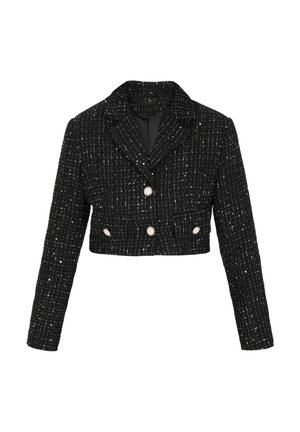 Schwarze kurze Jacke aus strukturiertem Stoff mit kariertem Muster, ausgestattet mit einem Reverskragen und drei großen Knöpfen auf der Vorderseite.