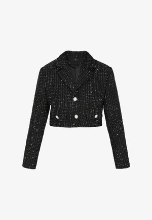 Sort cropped jakke i tekstureret stof med et ternet mønster, der har en slå-om krave og tre store knapper foran.