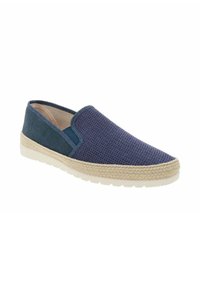 Scarpe slip-on con tomaia in rete navale testurizzata, dettagli blu e sottopiede in juta intrecciata; presentano una suola in gomma flessibile per una buona aderenza.