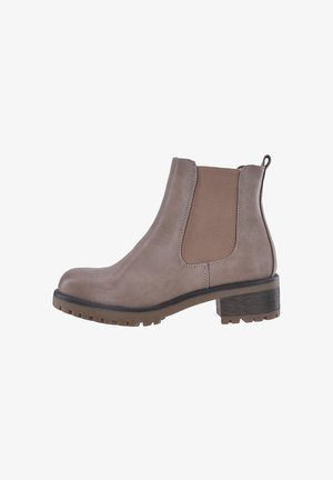 Bottines marron avec un extérieur lisse, des panneaux latéraux élastiques et un talon texturé. Elles présentent un embout arrondi et une semelle robuste avec une bonne adhérence.