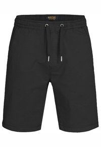 Shorts noirs décontractés avec taille élastique et cordon de serrage, poches latérales et coupe à mi-genoux.