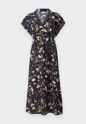 Navyblaues Maxikleid mit kurzen Ärmeln, Gürtel in der Taille und bunten Blumenmustern in Pink, Grün und Blau auf einem dunklen Hintergrund.