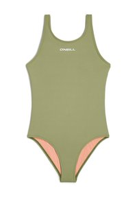 Maillot de bain une pièce vert olive avec un col haut, des bretelles fines et une doublure intérieure en pêche contrastante. Présente le logo O'Neill en blanc.