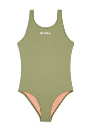 Maillot de bain une pièce vert olive avec un col haut, des bretelles fines et une doublure intérieure en pêche contrastante. Présente le logo O'Neill en blanc.