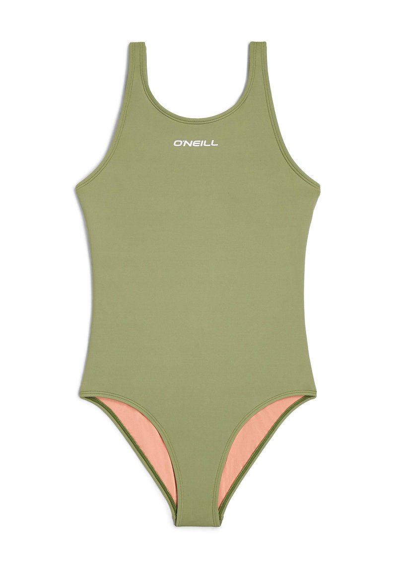 Maillot de bain une pièce vert olive avec un col haut, des bretelles fines et une doublure intérieure en pêche contrastante. Présente le logo O'Neill en blanc.