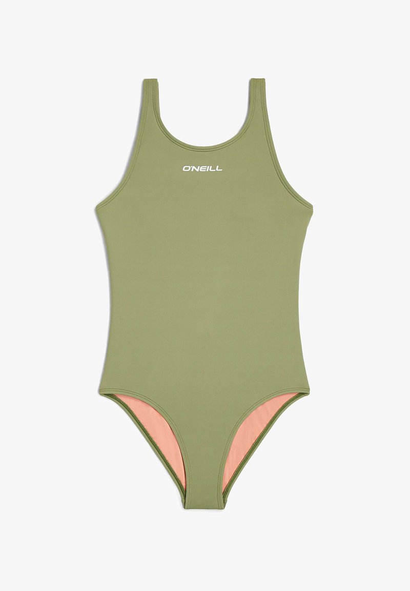 Maillot de bain une pièce vert olive avec un col haut, des bretelles fines et une doublure intérieure en pêche contrastante. Présente le logo O'Neill en blanc.