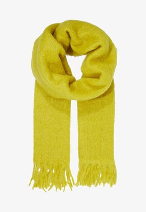 Écharpe jaune douce et texturée en matériau léger, avec des extrémités à franges et un design en boucle pour la chaleur et le confort.