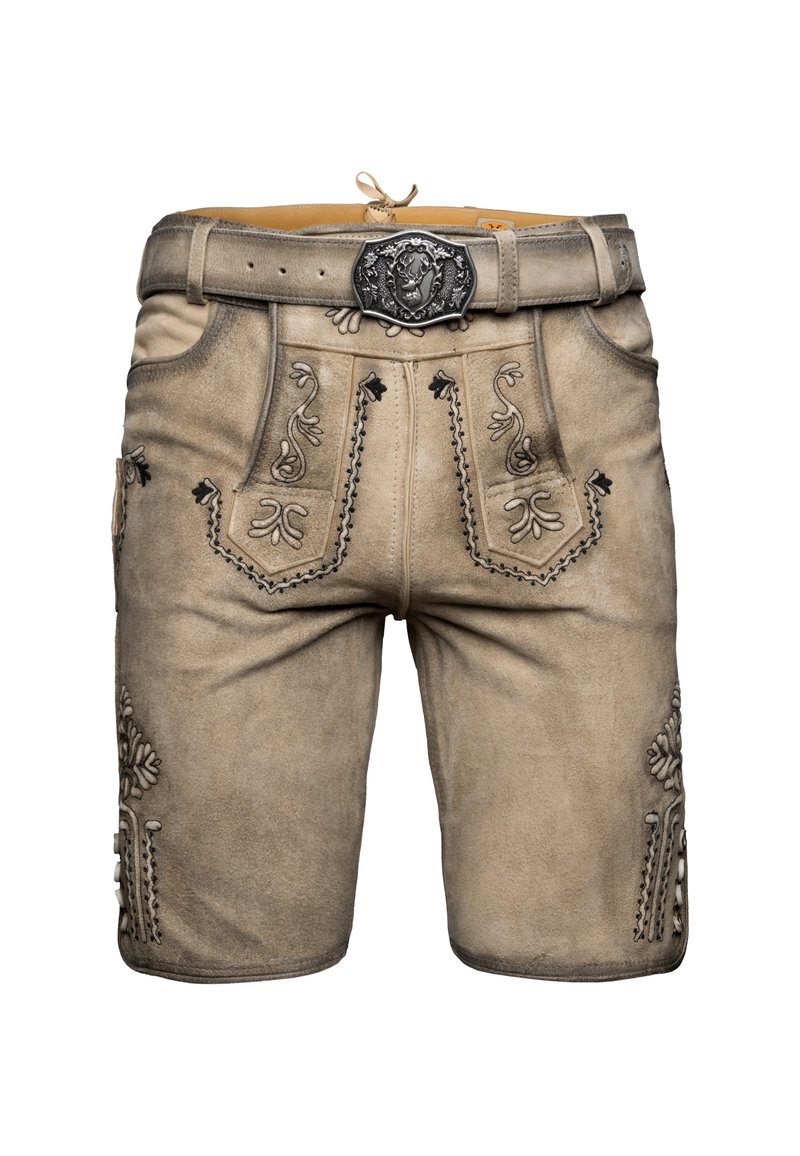 Kožené šortky ve světlé béžové barvě, s precizním šedým prošíváním, dekorativními vzory, dvěma bočními kapsami a kovovou sponou s designem lva.