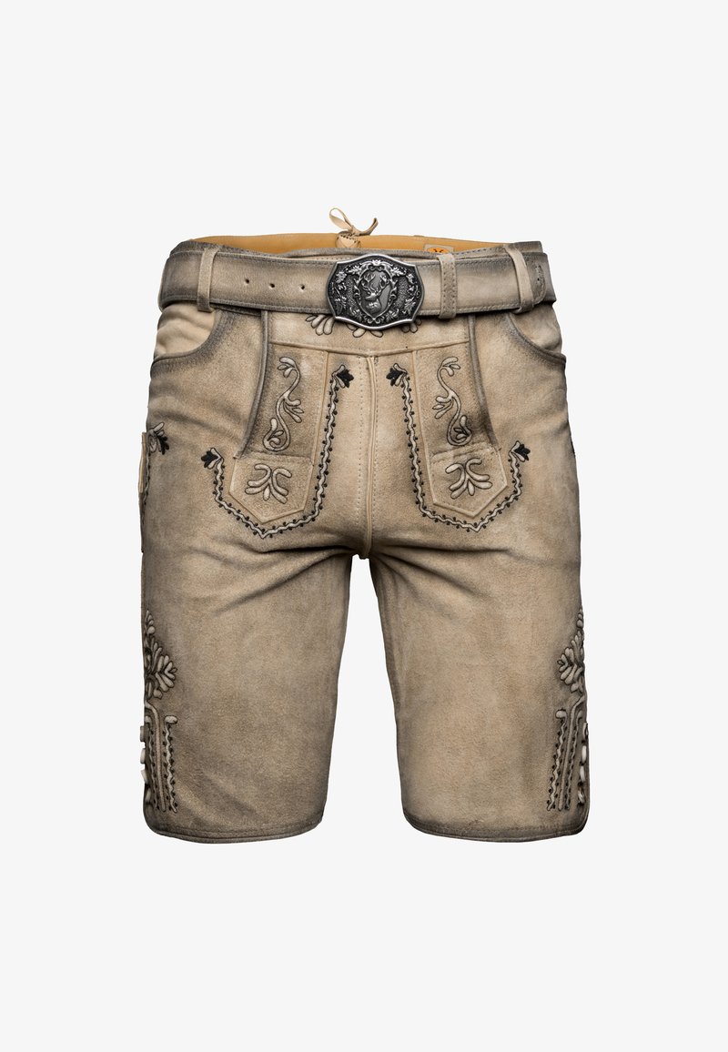 Kožené šortky ve světlé béžové barvě, s precizním šedým prošíváním, dekorativními vzory, dvěma bočními kapsami a kovovou sponou s designem lva.