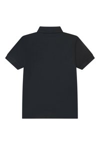 Czarna koszulka polo, krótkie rękawy, klasyczny kołnierzyk, gładka tekstura, bez widocznych wzorów, całkowicie wykończony dół.