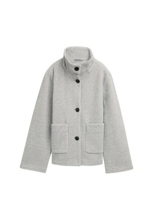 Grau strukturierte Jacke mit hohem Kragen, vier Knöpfen und zwei Fronttaschen. Einfaches Design mit leicht kastiger Form.