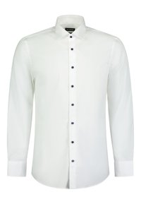 Witte overhemd met lange mouwen en een button-down kraag, met marineblauwe knopen langs de voorkant en de manchetten. Glad textuur, op maat gemaakte ontwerp.