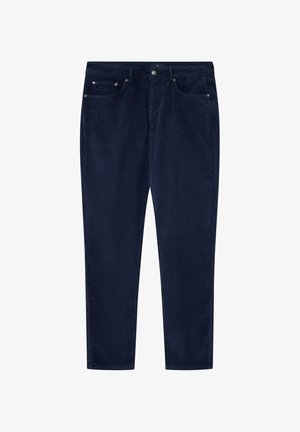 Navyblauwe broek van katoenmix, met een slim fit, vijf zakken en metalen knoopsluiting. Glad textuur met subtiele glans.