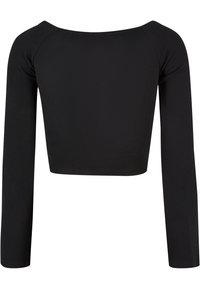 Fekete bordázott, hosszú ujjú crop top széles, mély V-kivágással. Fitted szabás és sima textúra jellemzi. Rétegezésre alkalmas.