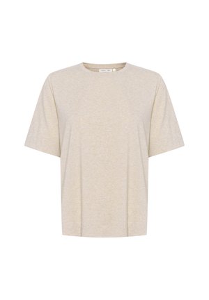 Beige tričko s krátkým rukávem a volným střihem, kulatým výstřihem a měkkou, texturovanou látkou. Minimalistický design bez viditelných log nebo vzorů.
