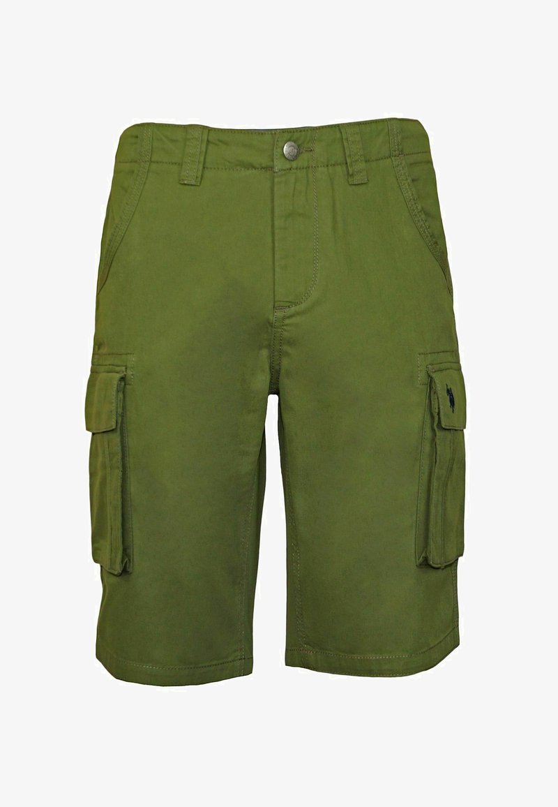 Olivově zelené cargo šortky vyrobené z bavlny, s dvěma bočními kapsami, dvěma předními kapsami a knoflíkovým zapínáním v pase.
