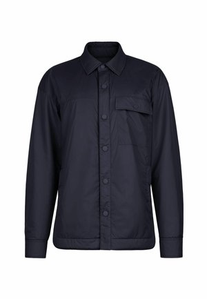 Granatowa zapinana na guziki kurtka z kołnierzem, długimi rękawami oraz pojedynczą patką kieszonką na lewym piersi.