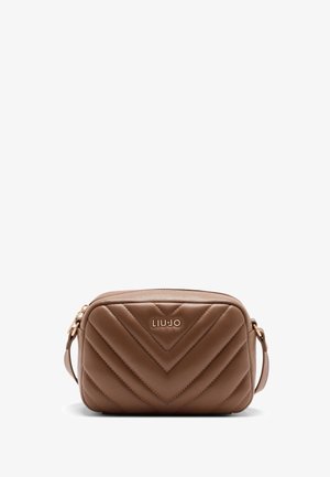 Brown faux leather handbag with a chevron quilted design, featuring a gold-tone 'LIUJO' logo and an adjustable strap. Compact rectangular shape.