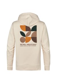 Sudadera con capucha de tejido crema que presenta un gráfico texturizado y multicolor en la parte posterior con formas geométricas y el logo "Petrol Industries".